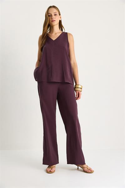 Kadın V Yaka Askılı Bluz Palazzo Pantolonlu Alt-Üst Takım 3142 60283115 - Patlıcan