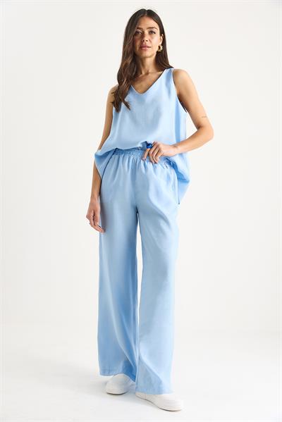 Kadın V Yaka Askılı Bluz Palazzo Pantolonlu Alt-Üst Takım 3142 60283115 - Bebe Mavisi