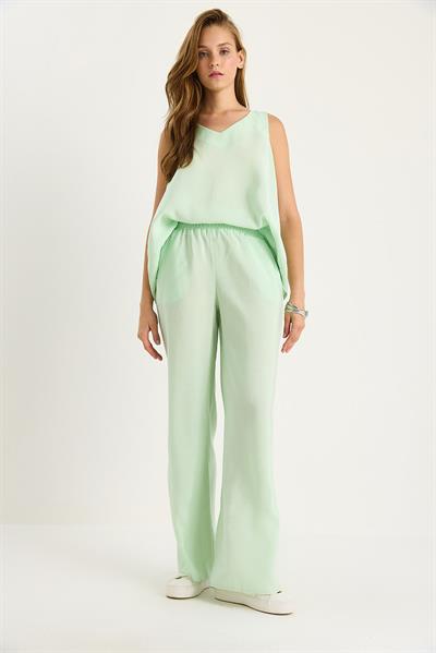 Kadın V Yaka Askılı Bluz Palazzo Pantolonlu Alt-Üst Takım 3142 60283115 - Su Yeşili