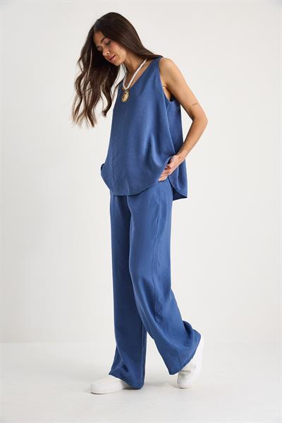 Kadın V Yaka Askılı Bluz Palazzo Pantolonlu Alt-Üst Takım 3142 60283115 - İndigo