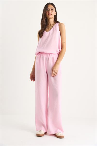 Kadın V Yaka Askılı Bluz Palazzo Pantolonlu Alt-Üst Takım 3142 60283115 - Şeker Pembe