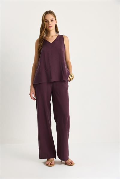 Kadın V Yaka Askılı Bluz Palazzo Pantolonlu Alt-Üst Takım 3142 60283115 - Patlıcan