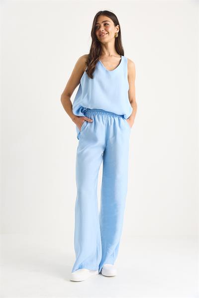 Kadın V Yaka Askılı Bluz Palazzo Pantolonlu Alt-Üst Takım 3142 60283115 - Bebe Mavisi