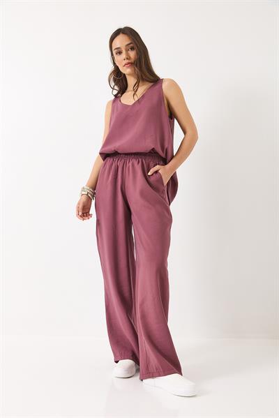 Kadın V Yaka Askılı Bluz Palazzo Pantolonlu Alt-Üst Takım 3142 60283115 - Eflatun