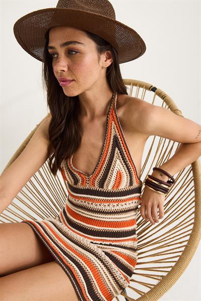 Kadın V Yaka Boyundan Bağlamalı Mini Triko Elbise 20259803 - Ekru-Kahverengi