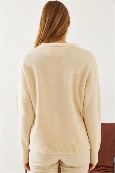 V Yaka Düğmeli Cepli Triko Hırka 20247535 - Ekru