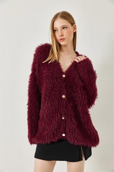 V Yaka Düğmeli Yumoş Sakallı Triko Hırka 241149 60261298 - Bordo