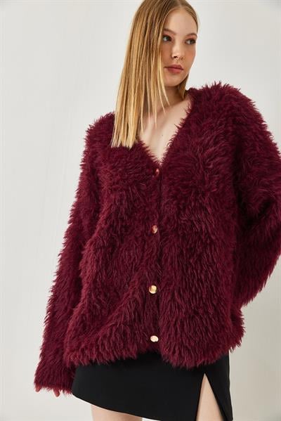 V Yaka Düğmeli Yumoş Sakallı Triko Hırka 241149 60261298 - Bordo