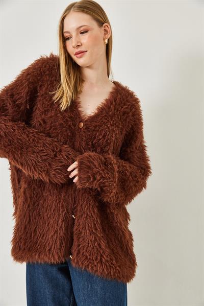 V Yaka Düğmeli Yumoş Sakallı Triko Hırka 241149 60261298 - Kahverengi