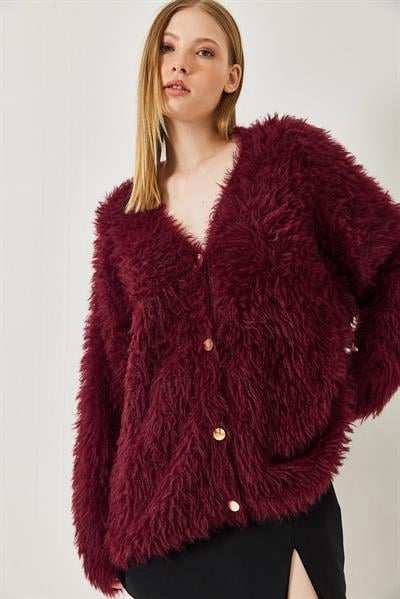 V Yaka Düğmeli Yumoş Sakallı Triko Hırka 241149 60261298 - Bordo