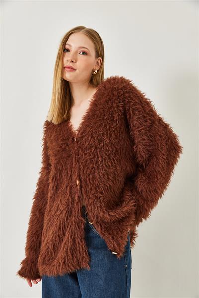 V Yaka Düğmeli Yumoş Sakallı Triko Hırka 241149 60261298 - Kahverengi