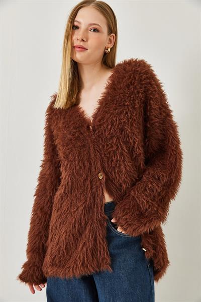 V Yaka Düğmeli Yumoş Sakallı Triko Hırka 241149 60261298 - Kahverengi