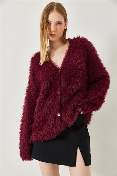 V Yaka Düğmeli Yumoş Sakallı Triko Hırka 241149 60261298 - Bordo