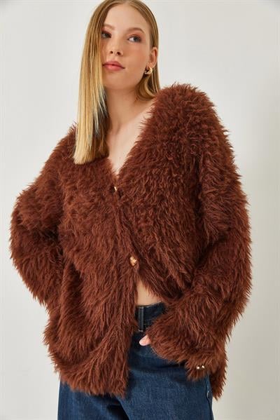 V Yaka Düğmeli Yumoş Sakallı Triko Hırka 241149 60261298 - Kahverengi