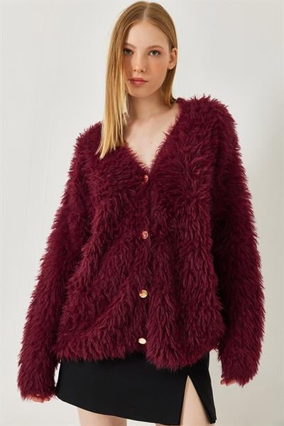 V Yaka Düğmeli Yumoş Sakallı Triko Hırka 241149 60261298 - Bordo