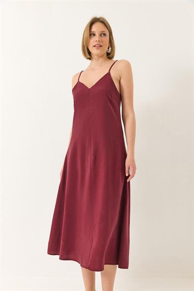 Kadın V Yaka İnce Askılı Gizli Fermuarlı Astarlı Modal Elbise 5978 60281032 - Bordo