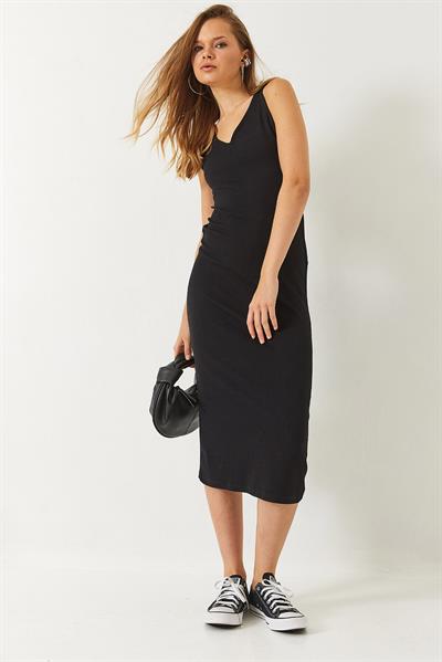Kadın V Yaka Kalın Askılı Midi Boy Basic Elbise 60261479 - Siyah