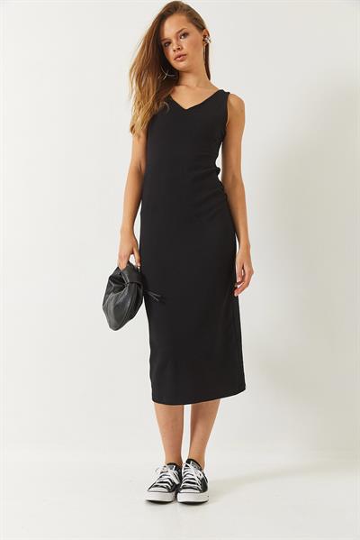 Kadın V Yaka Kalın Askılı Midi Boy Basic Elbise 60261479 - Siyah