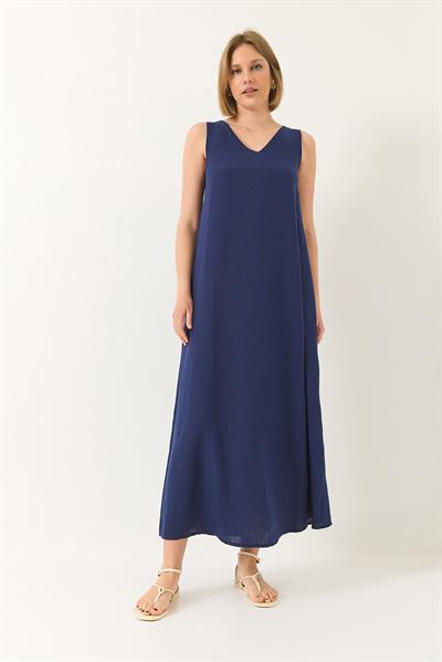 Kadın V Yaka Kalın Askılı Uzun Keten Elbise 442 60283172 - Lacivert