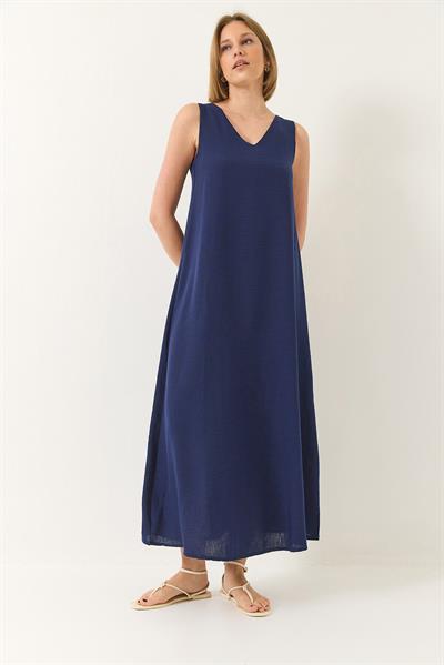 Kadın V Yaka Kalın Askılı Uzun Keten Elbise 442 60283172 - Lacivert