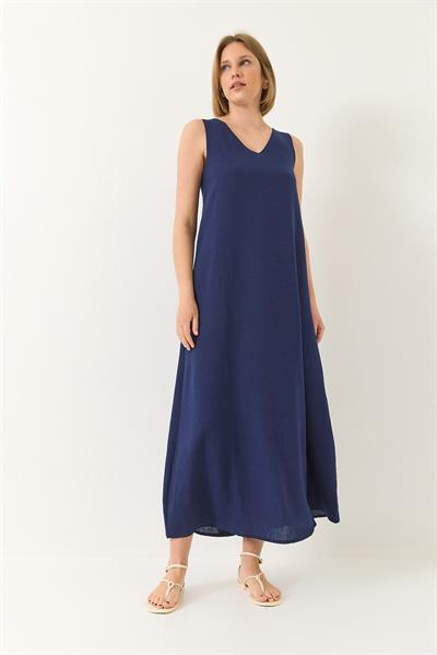 Kadın V Yaka Kalın Askılı Uzun Keten Elbise 442 60283172 - Lacivert