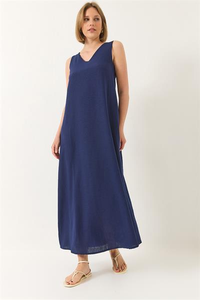 Kadın V Yaka Kalın Askılı Uzun Keten Elbise 442 60283172 - Lacivert
