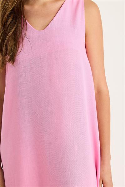 Kadın V Yaka Kalın Askılı Uzun Keten Elbise 442 60283172 - Pembe