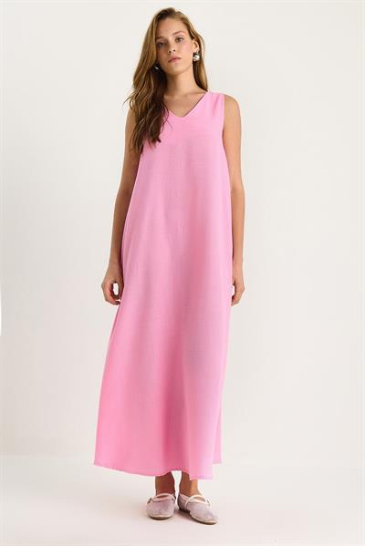Kadın V Yaka Kalın Askılı Uzun Keten Elbise 442 60283172 - Pembe