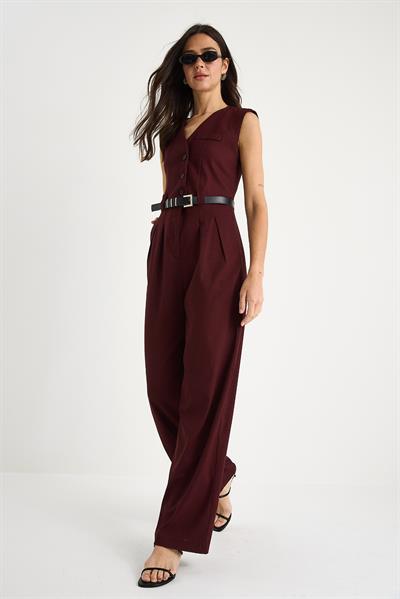 V Yaka Kemerli Cepli Geniş Paça Tulum 90021 60283050 - Bordo
