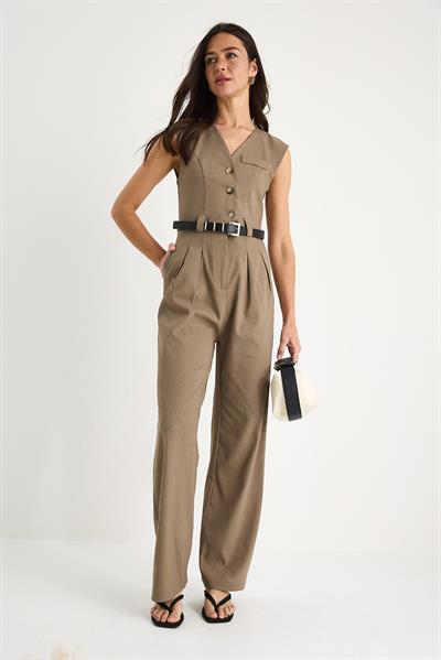 V Yaka Kemerli Cepli Geniş Paça Tulum 90021 60283050 - Vizon