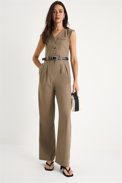 V Yaka Kemerli Cepli Geniş Paça Tulum 90021 60283050 - Vizon