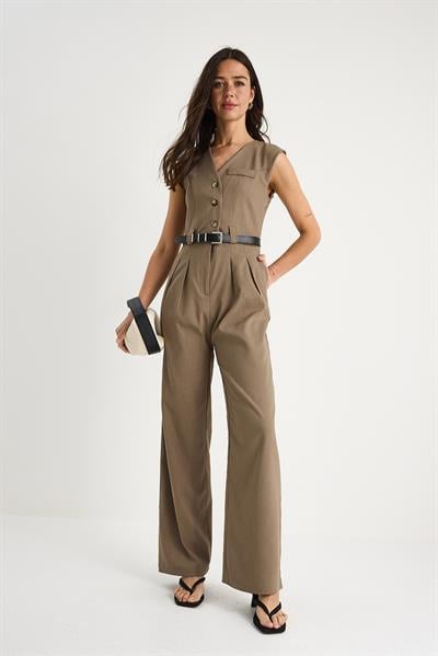 V Yaka Kemerli Cepli Geniş Paça Tulum 90021 60283050 - Vizon