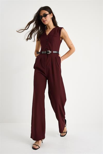 V Yaka Kemerli Cepli Geniş Paça Tulum 90021 60283050 - Bordo