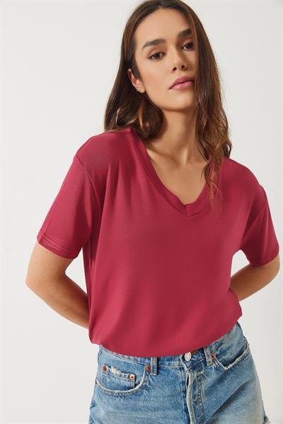 Kadın V Yaka Kısa Kollu Viskon T-Shirt 3077 60283074 - Vişne