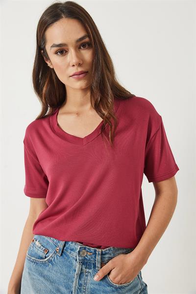 Kadın V Yaka Kısa Kollu Viskon T-Shirt 3077 60283074 - Vişne