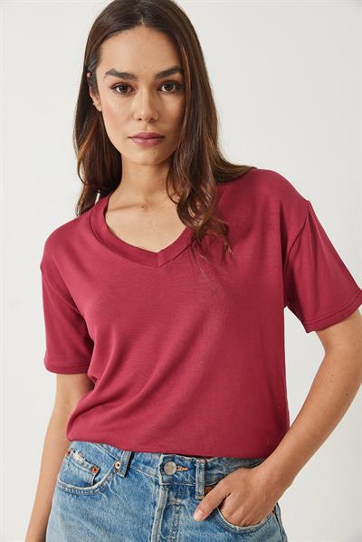 Kadın V Yaka Kısa Kollu Viskon T-Shirt 3077 60283074 - Vişne