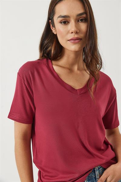 Kadın V Yaka Kısa Kollu Viskon T-Shirt 3077 60283074 - Vişne
