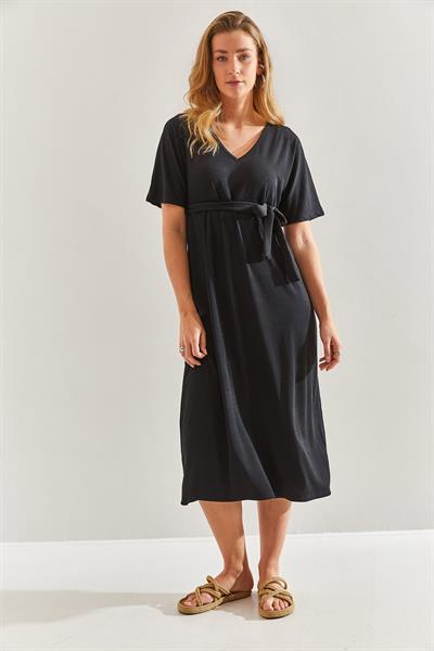 Kadın V Yaka Kuşaklı Kaşkorse Elbise 60171013 - Siyah