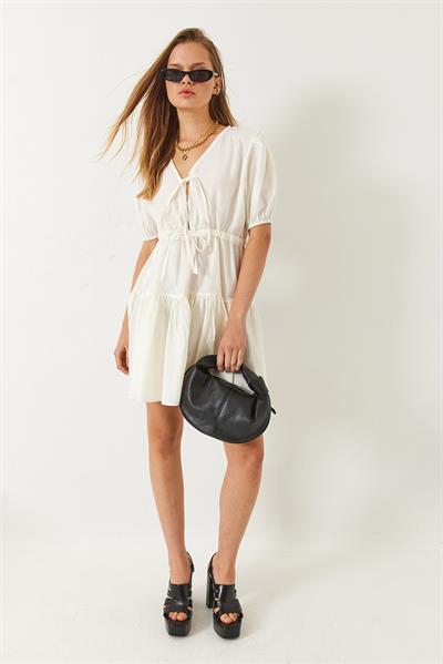 Kadın V Yaka Önden Bağcıklı Tamara Mini Elbise 60261483 - Ekru