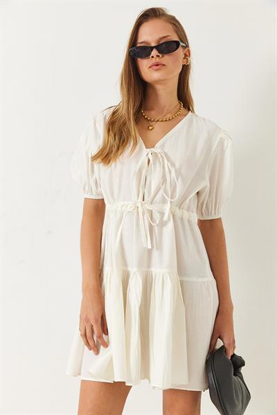 Kadın V Yaka Önden Bağcıklı Tamara Mini Elbise 60261483 - Ekru