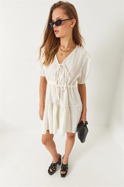 Kadın V Yaka Önden Bağcıklı Tamara Mini Elbise 60261483 - Ekru