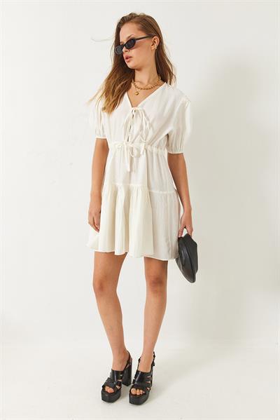 Kadın V Yaka Önden Bağcıklı Tamara Mini Elbise 60261483 - Ekru