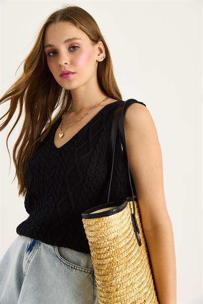 Kadın V Yaka örme Detay Triko Askılı Bluz 20258004 - Siyah