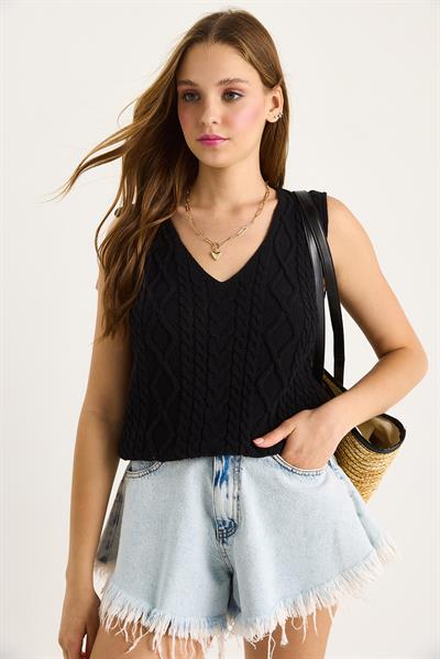 Kadın V Yaka örme Detay Triko Askılı Bluz 20258004 - Siyah