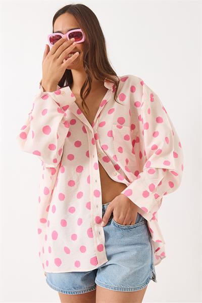 Kadın V Yaka Puantiyeli Tek Cep Detaylı Oversize Pamuk Gömlek 8212-6 60283053 - Pembe
