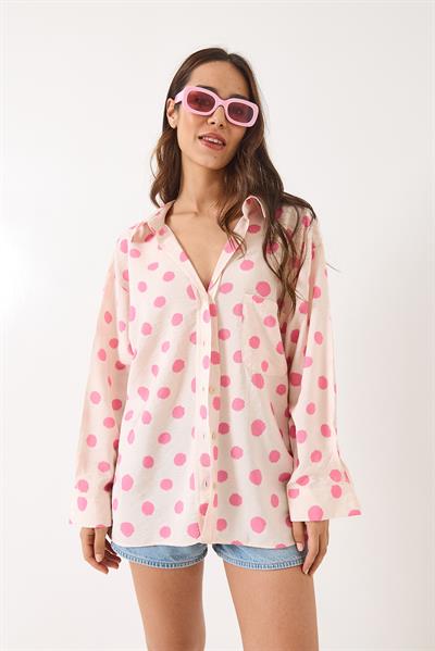 Kadın V Yaka Puantiyeli Tek Cep Detaylı Oversize Pamuk Gömlek 8212-6 60283053 - Pembe