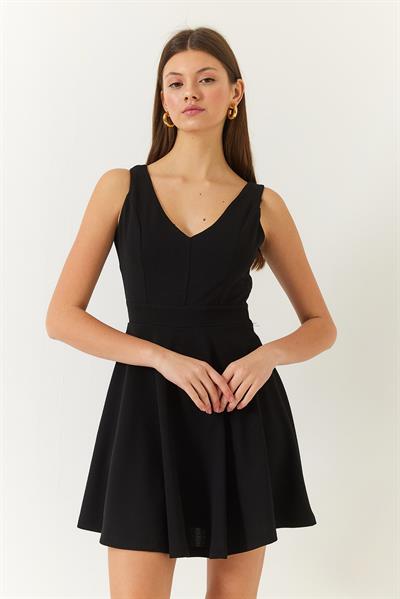Kadın V Yaka Sırt Dekolteli Mini Elbise 60261377 - Siyah
