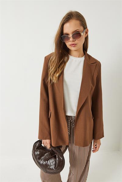 Kadın Vatkalı Astarı Çizgili Çilek Kumaş Blazer Ceket 50178 60283002 - Taba