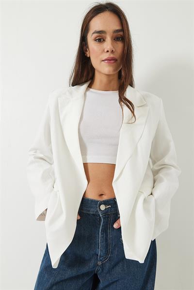 Kadın Vatkalı Astarı Çizgili Çilek Kumaş Blazer Ceket 50178 60283002 - Ekru