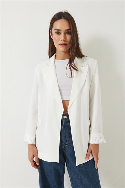 Kadın Vatkalı Astarı Çizgili Çilek Kumaş Blazer Ceket 50178 60283002 - Ekru